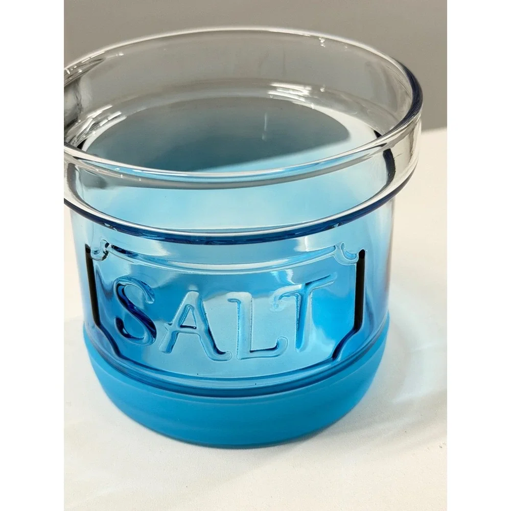 Blue Glass Salt Cellar Jar with Clear Lid and Silicone Base